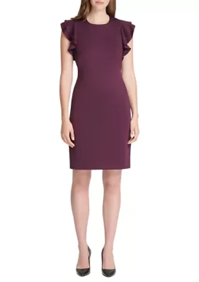 Women's Scuba Sheath Dress with Flutter Sleeves
