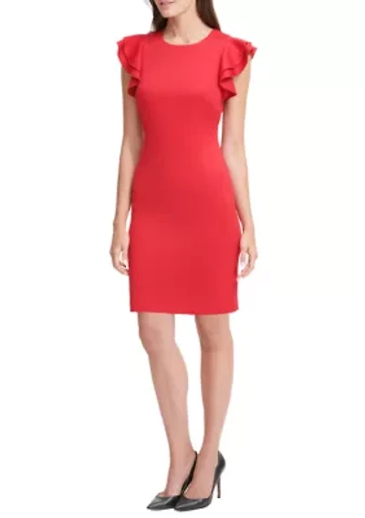 Women's Scuba Sheath Dress with Flutter Sleeves