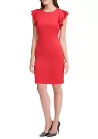 Women's Scuba Sheath Dress with Flutter Sleeves