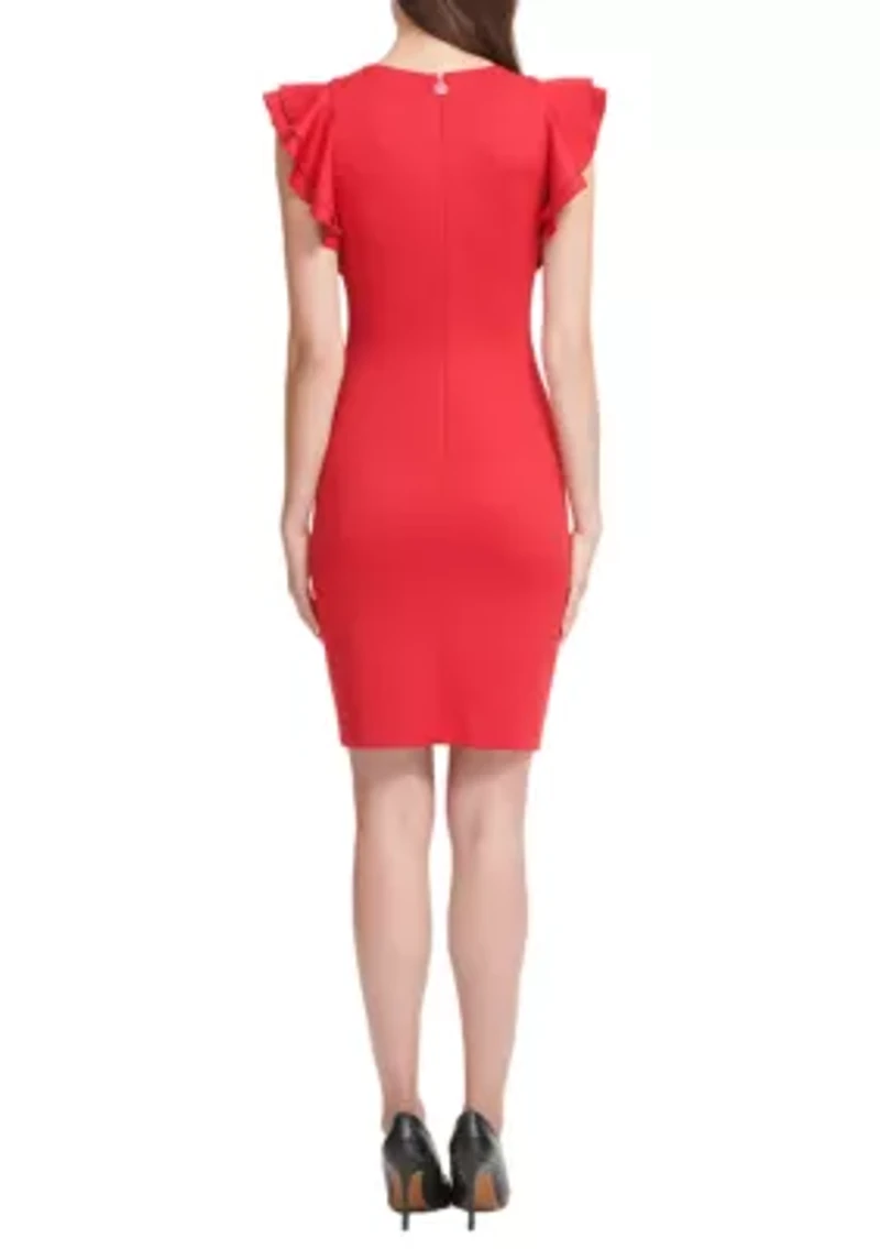 Women's Scuba Sheath Dress with Flutter Sleeves