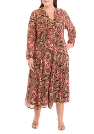 Plus Long Sleeve Tie Neck Paisley Chiffon Midi Dress