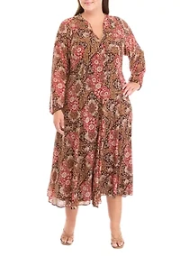Plus Long Sleeve Tie Neck Paisley Chiffon Midi Dress