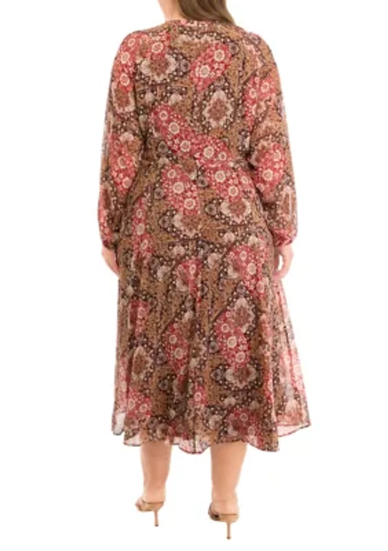 Plus Long Sleeve Tie Neck Paisley Chiffon Midi Dress