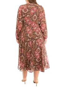 Plus Long Sleeve Tie Neck Paisley Chiffon Midi Dress