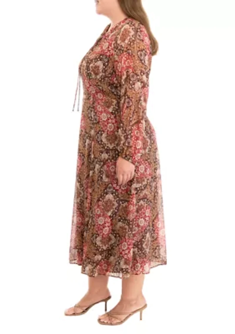 Plus Long Sleeve Tie Neck Paisley Chiffon Midi Dress