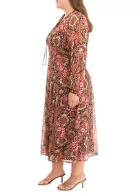 Plus Long Sleeve Tie Neck Paisley Chiffon Midi Dress