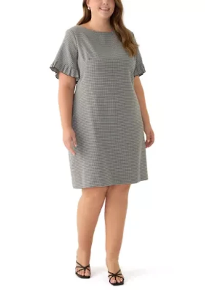 Plus Pleated Short Sleeve Houndstooth Shift Dress
