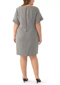 Plus Pleated Short Sleeve Houndstooth Shift Dress