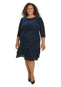 Plus 3/4 Sleeve Velvet Burnout Ruffle Hem Shift Dress