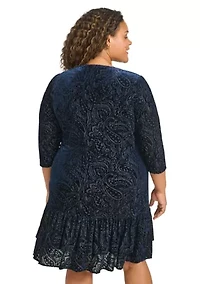 Plus 3/4 Sleeve Velvet Burnout Ruffle Hem Shift Dress