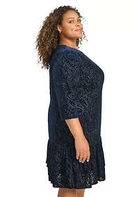 Plus 3/4 Sleeve Velvet Burnout Ruffle Hem Shift Dress
