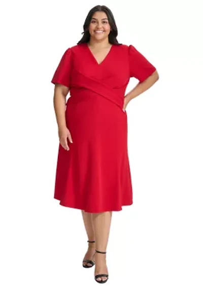 Plus V-Neck Solid A-Line Dress