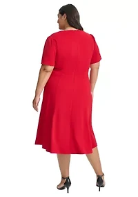 Plus V-Neck Solid A-Line Dress