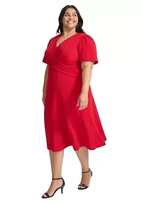 Plus V-Neck Solid A-Line Dress