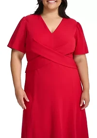 Plus V-Neck Solid A-Line Dress