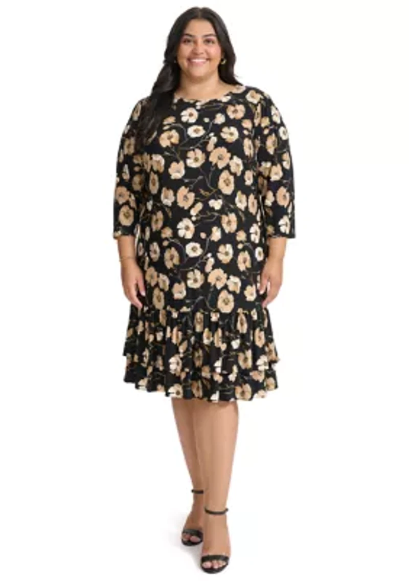 Plus 3/4 Sleeve Autumn Poppy Ruffle Hem Shift