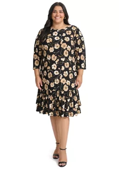 Plus 3/4 Sleeve Autumn Poppy Ruffle Hem Shift