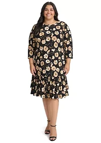 Plus 3/4 Sleeve Autumn Poppy Ruffle Hem Shift