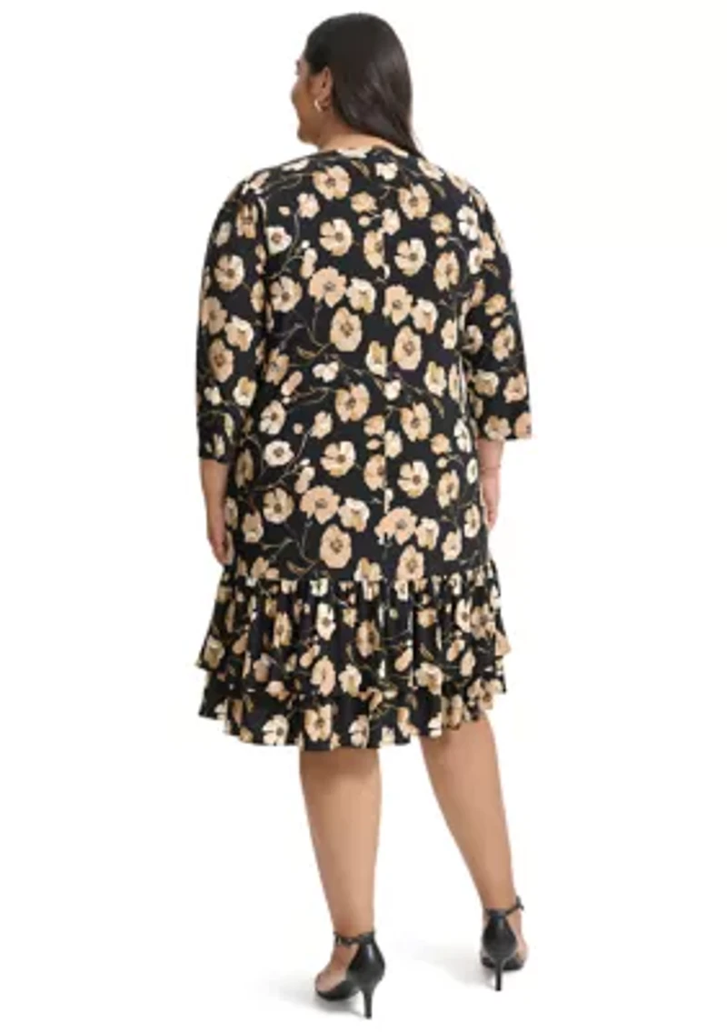 Plus 3/4 Sleeve Autumn Poppy Ruffle Hem Shift