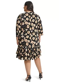 Plus 3/4 Sleeve Autumn Poppy Ruffle Hem Shift