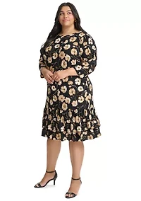 Plus 3/4 Sleeve Autumn Poppy Ruffle Hem Shift