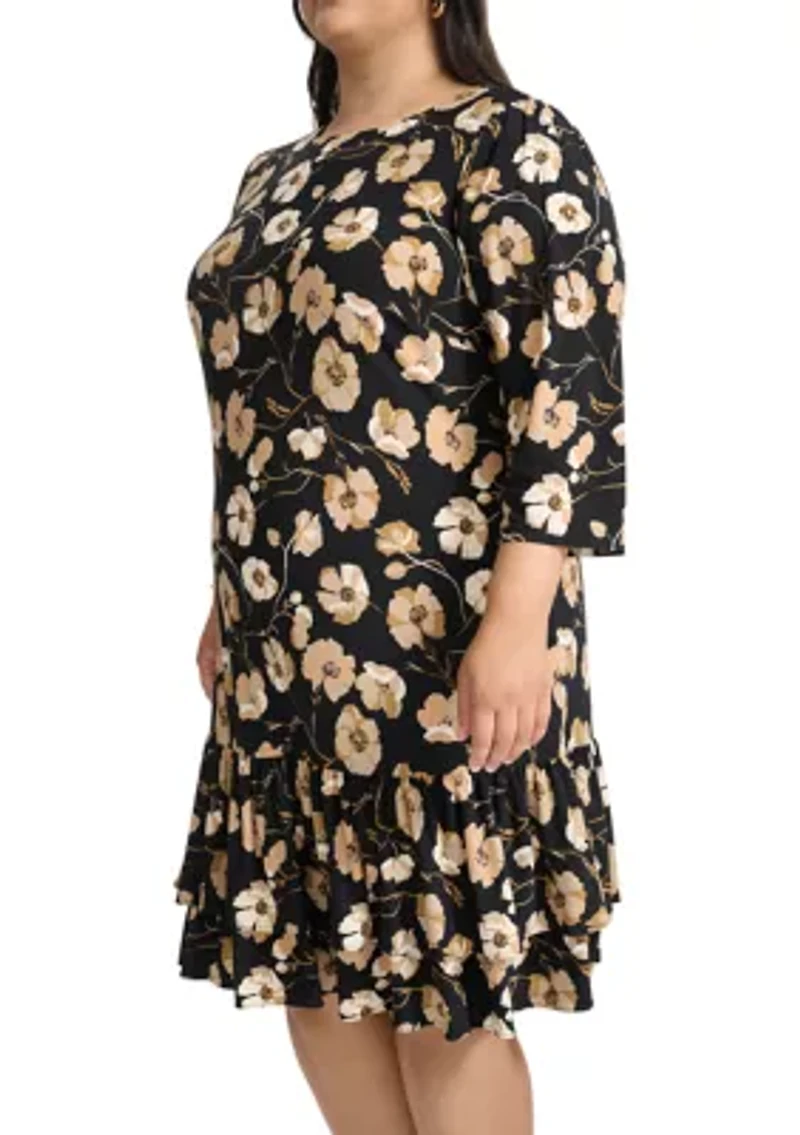 Plus 3/4 Sleeve Autumn Poppy Ruffle Hem Shift
