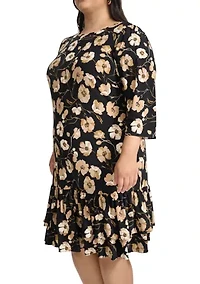 Plus 3/4 Sleeve Autumn Poppy Ruffle Hem Shift
