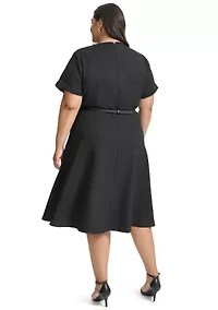 Plus Short Sleeve Button Shoulder Belted Boucle Fit and Flare