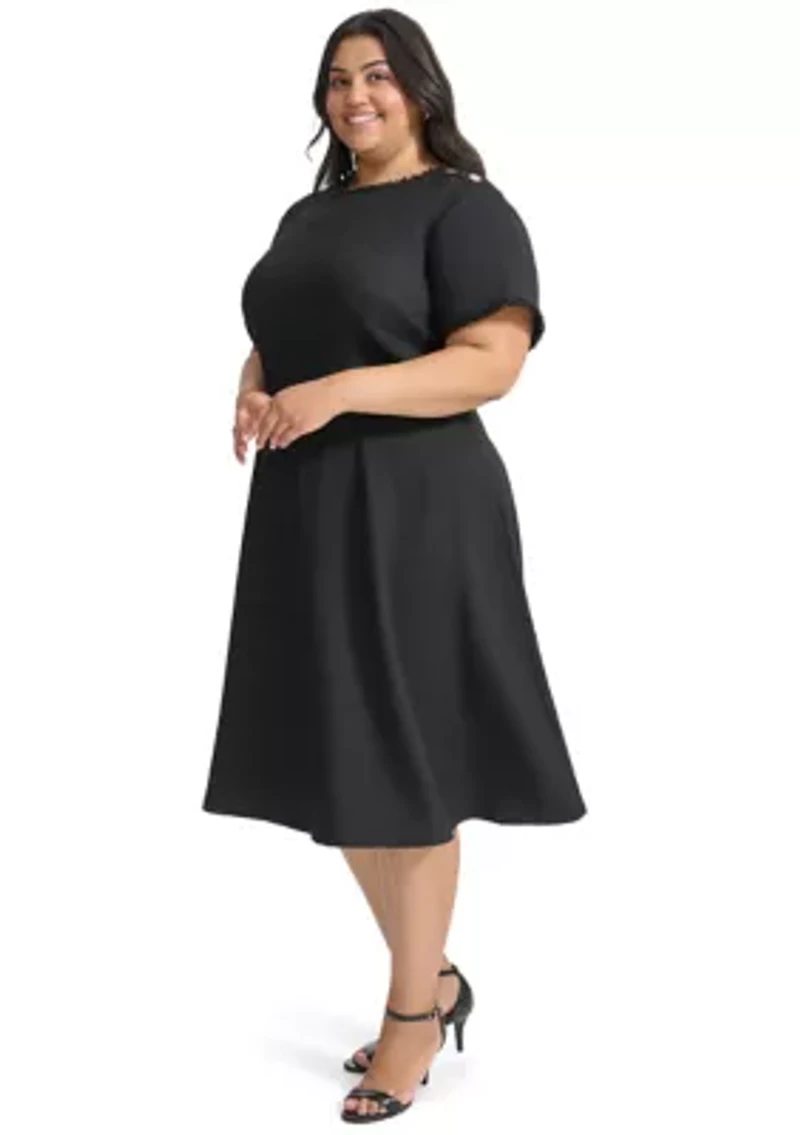 Plus Short Sleeve Button Shoulder Belted Boucle Fit and Flare