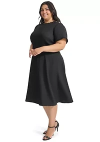 Plus Short Sleeve Button Shoulder Belted Boucle Fit and Flare