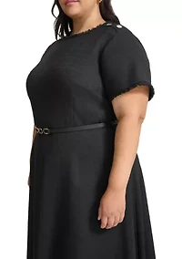 Plus Short Sleeve Button Shoulder Belted Boucle Fit and Flare