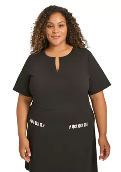 Plus Short Sleeve Split Neck Scuba Crepe Sheath Dress with Stone Trim Pockets