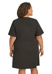 Plus Short Sleeve Split Neck Scuba Crepe Sheath Dress with Stone Trim Pockets