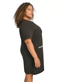 Plus Short Sleeve Split Neck Scuba Crepe Sheath Dress with Stone Trim Pockets