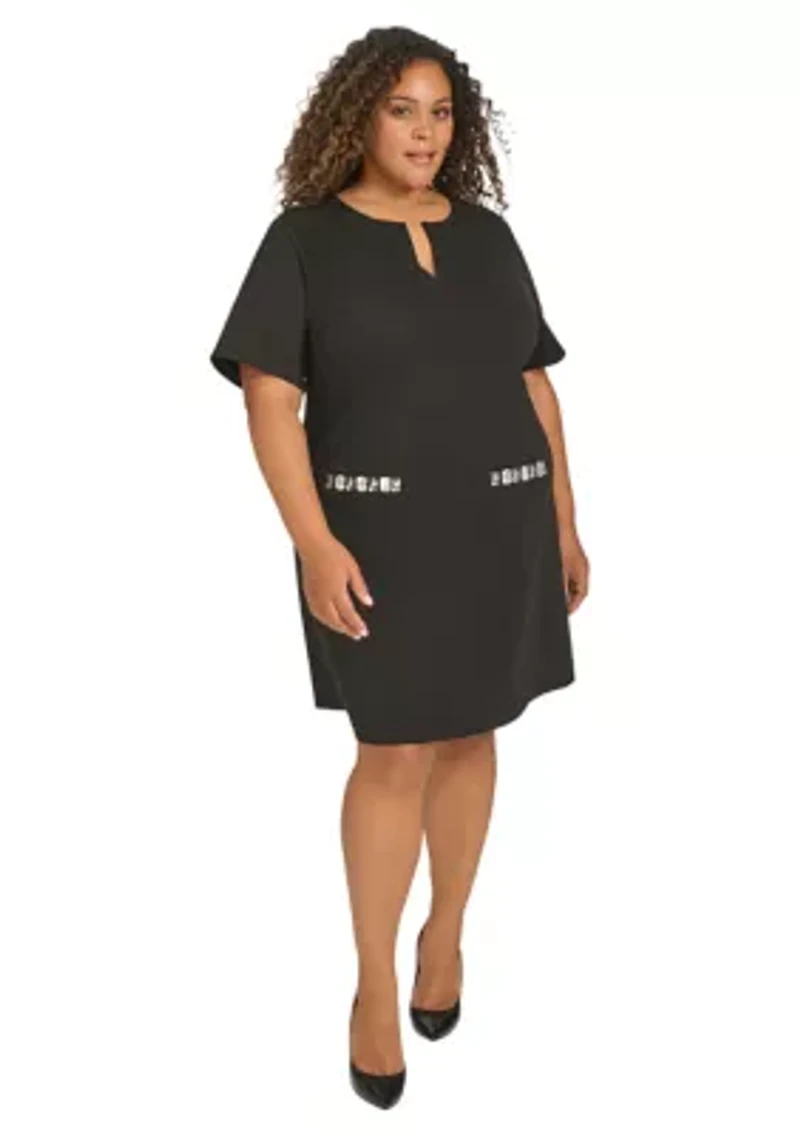 Plus Short Sleeve Split Neck Scuba Crepe Sheath Dress with Stone Trim Pockets