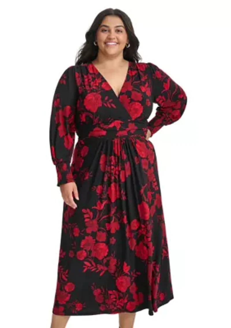 Plus Long Sleeve Ruched Waist Smocked Cuff Vita Floral Midi Dress