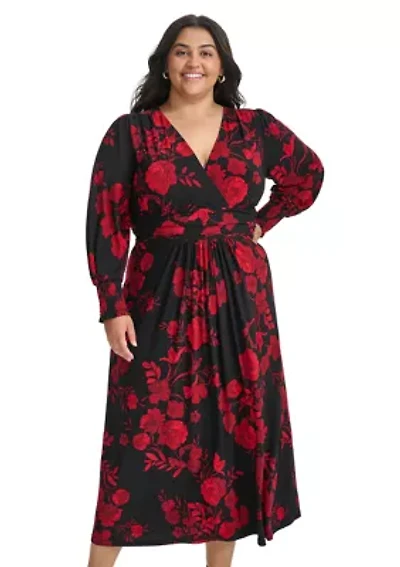 Plus Long Sleeve Ruched Waist Smocked Cuff Vita Floral Midi Dress