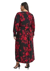 Plus Long Sleeve Ruched Waist Smocked Cuff Vita Floral Midi Dress