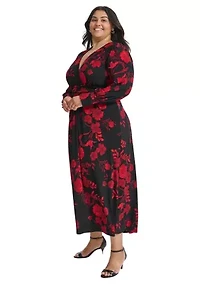 Plus Long Sleeve Ruched Waist Smocked Cuff Vita Floral Midi Dress