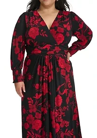 Plus Long Sleeve Ruched Waist Smocked Cuff Vita Floral Midi Dress