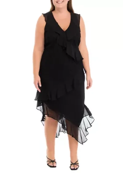 Plus Sleeveless V-Neck Lace Chiffon High Low Midi Dress