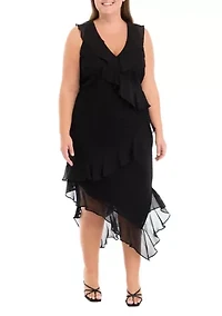 Plus Sleeveless V-Neck Lace Chiffon High Low Midi Dress