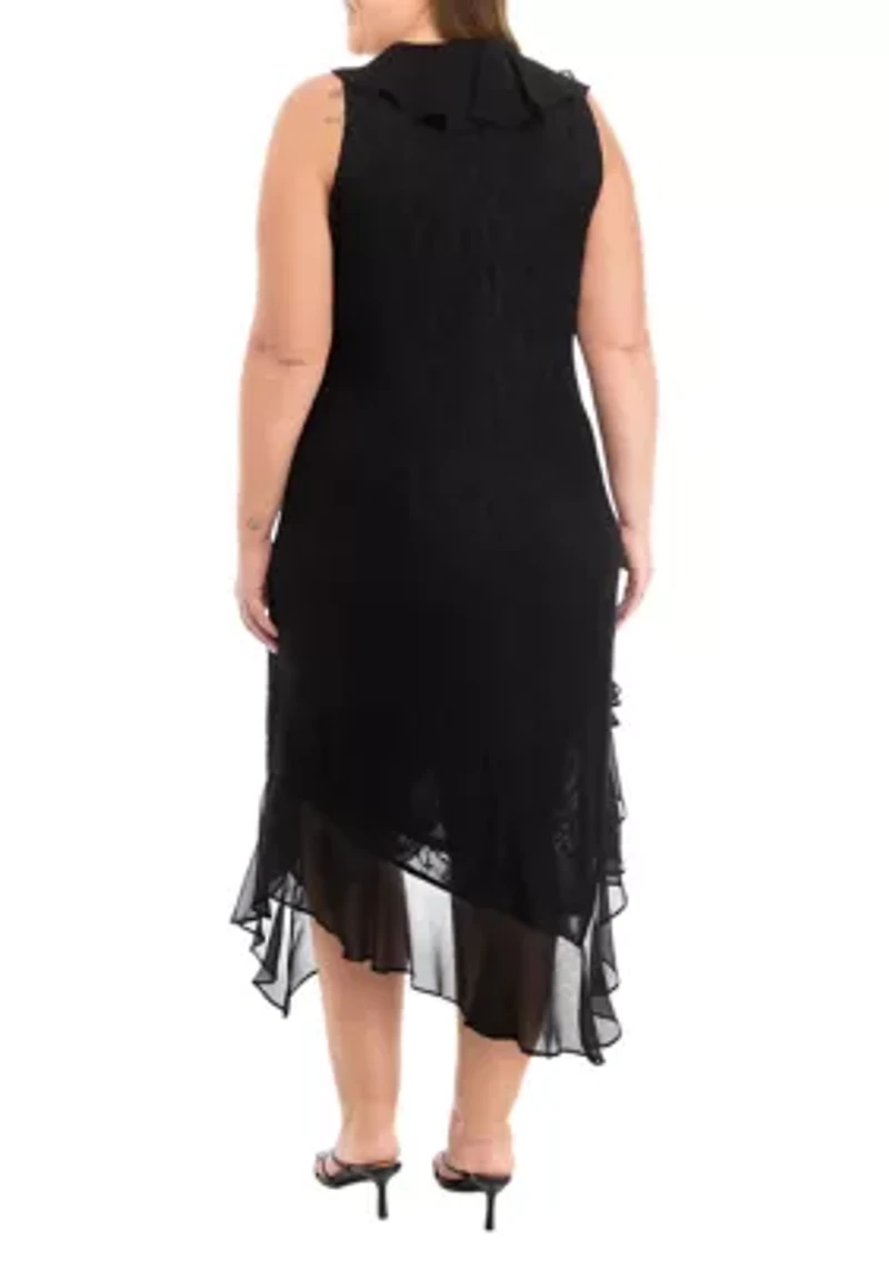 Plus Sleeveless V-Neck Lace Chiffon High Low Midi Dress