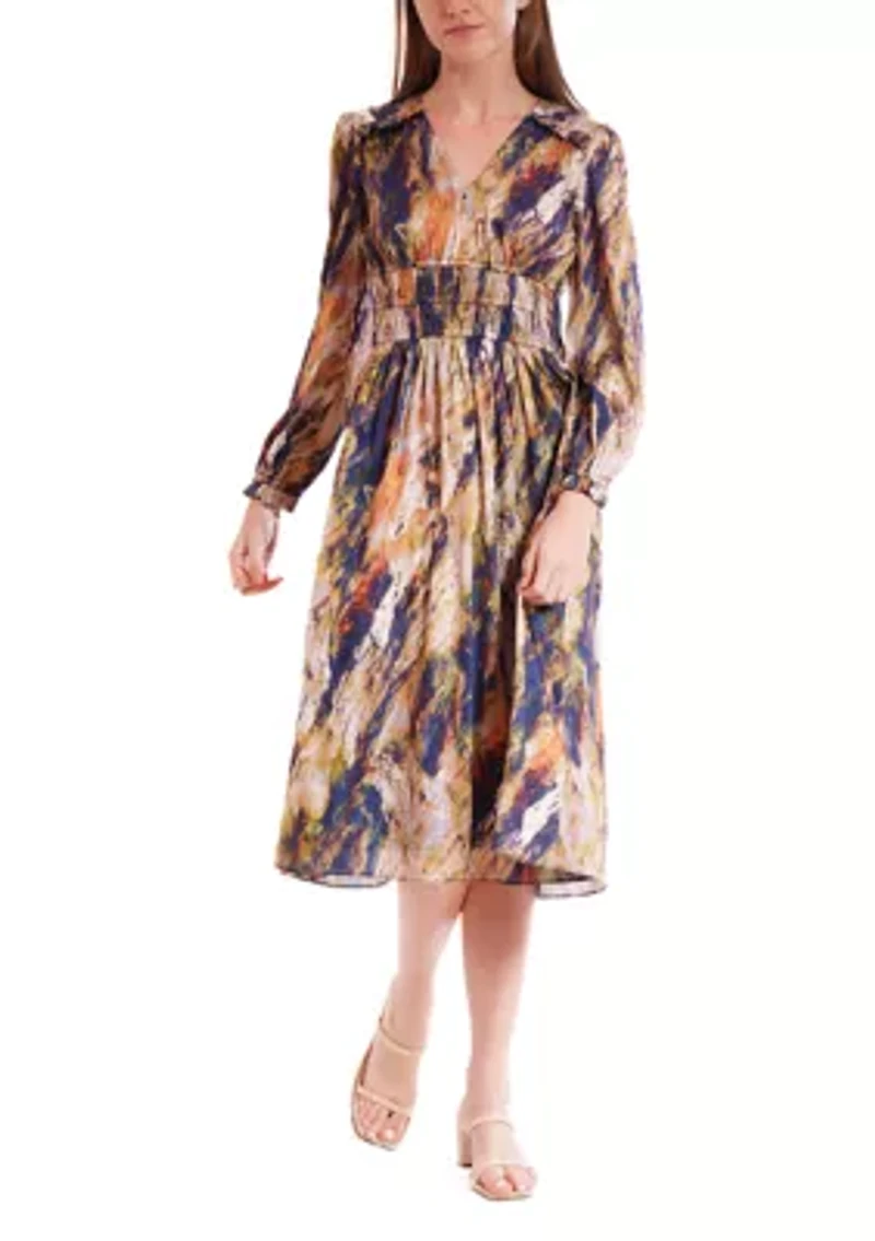 Women's Long Sleeve V-Neck Print Chiffon A-Line Dress