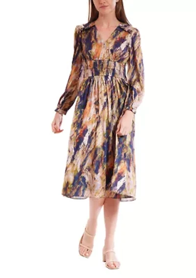 Women's Long Sleeve V-Neck Print Chiffon A-Line Dress