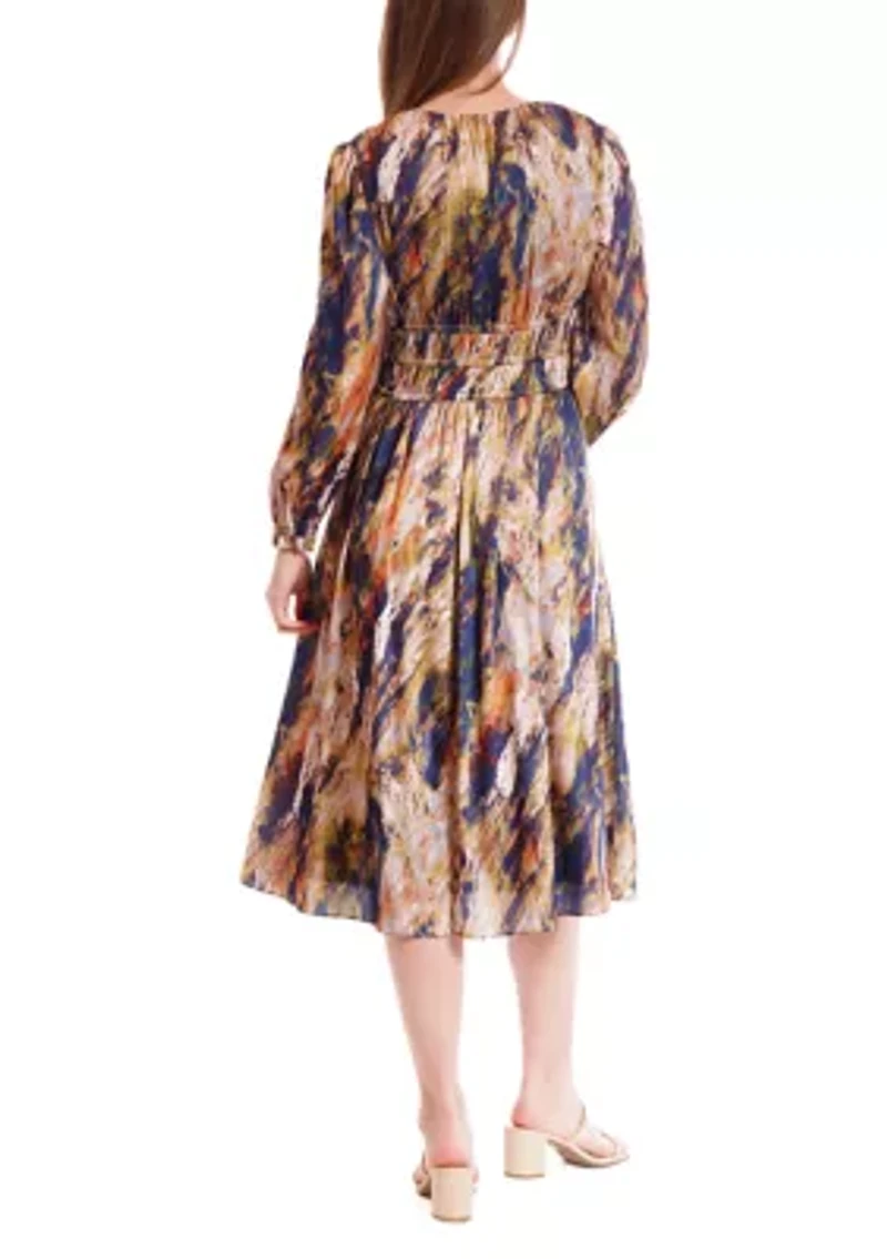Women's Long Sleeve V-Neck Print Chiffon A-Line Dress