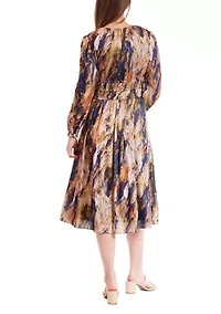 Women's Long Sleeve V-Neck Print Chiffon A-Line Dress