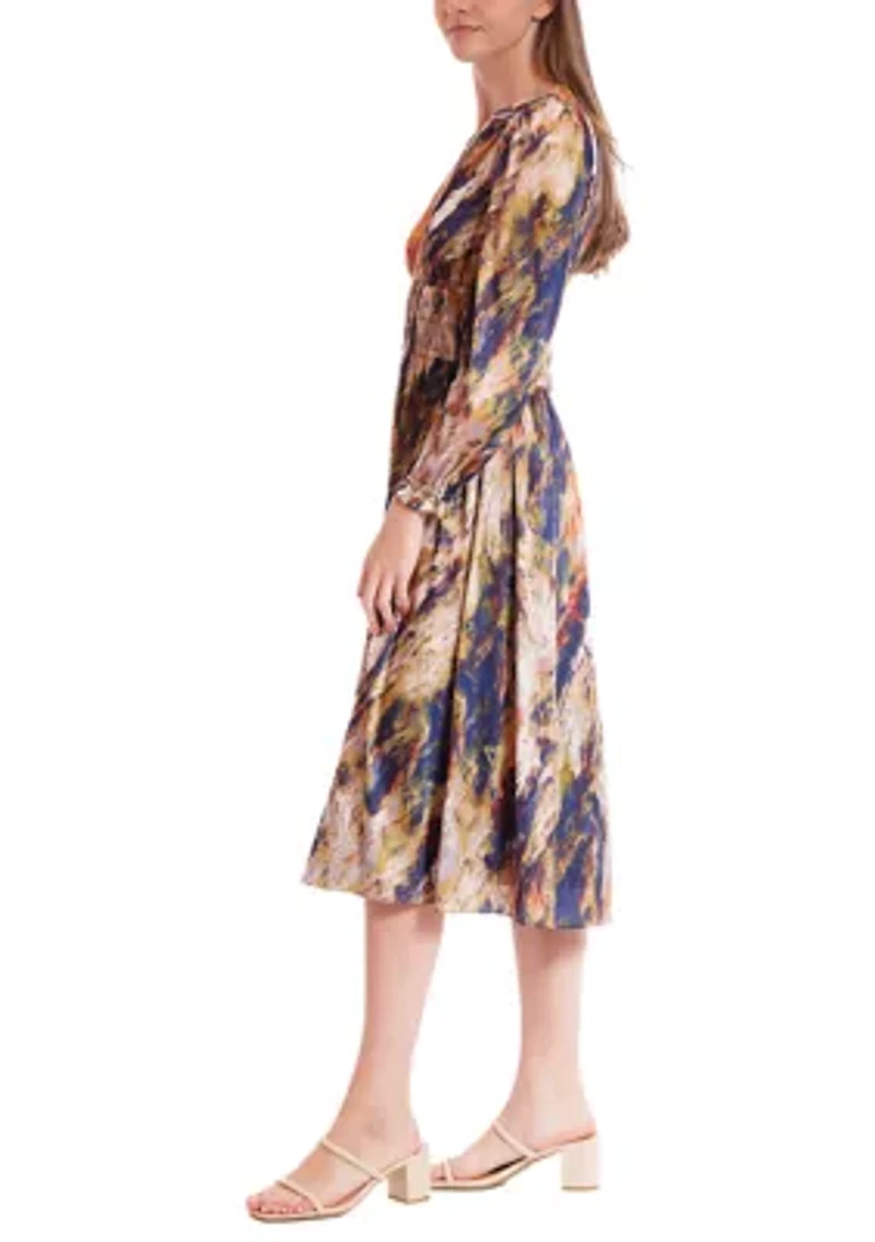 Women's Long Sleeve V-Neck Print Chiffon A-Line Dress
