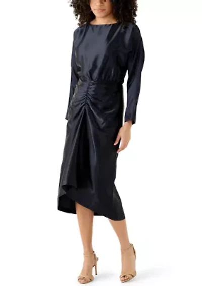 Women's Long Sleeve Crew Neck Satin A-Line Dress