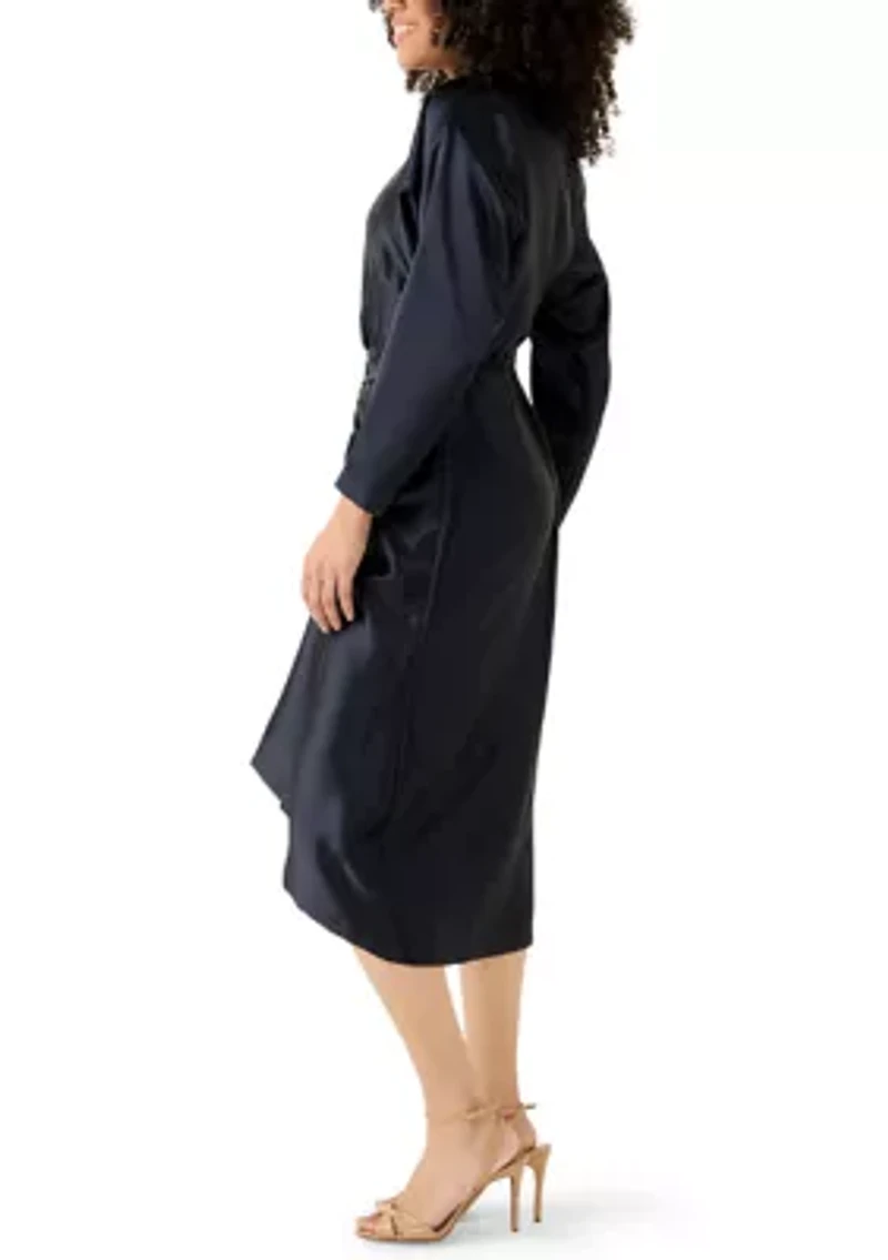 Women's Long Sleeve Crew Neck Satin A-Line Dress